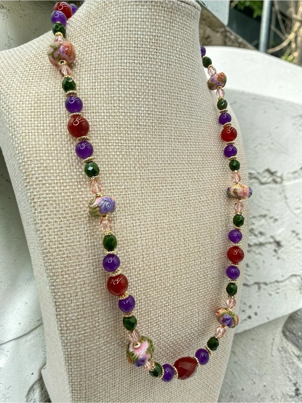 Artisan Handmade Amethyst Carnelian Lampwork Floral Necklace 20” Gold Floral Lux - Picture 7 of 17